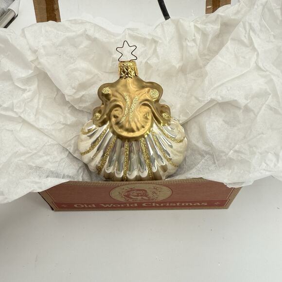 Gold Glitter Glass Clam SeaShell Christmas Ornament Old World Christmas 4" VTG - Picture 1 of 8